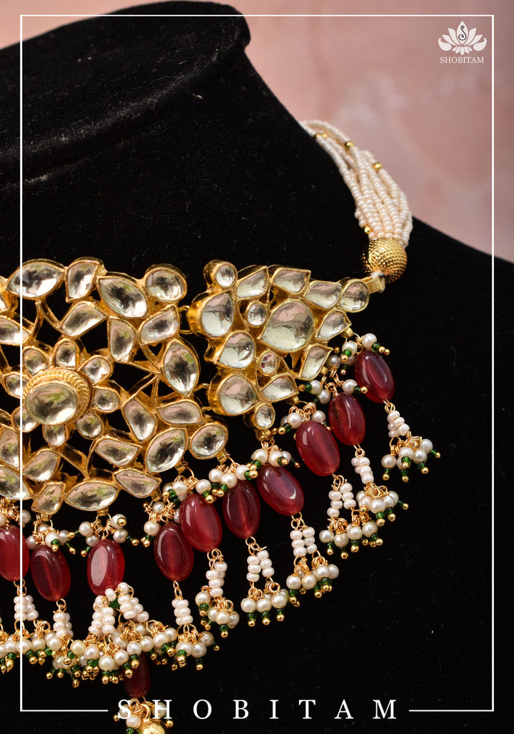 Ahmedabadi kundan multistrand necklace set with Red dangling bead