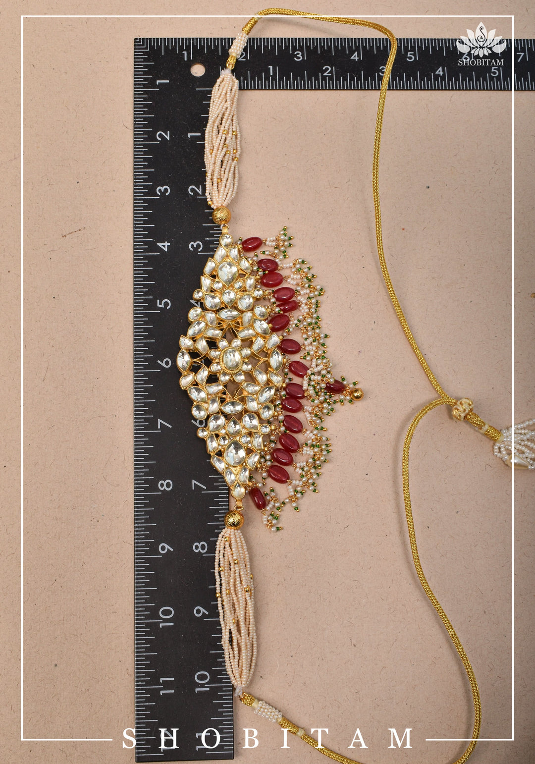 Ahmedabadi kundan multistrand necklace set with Red dangling bead