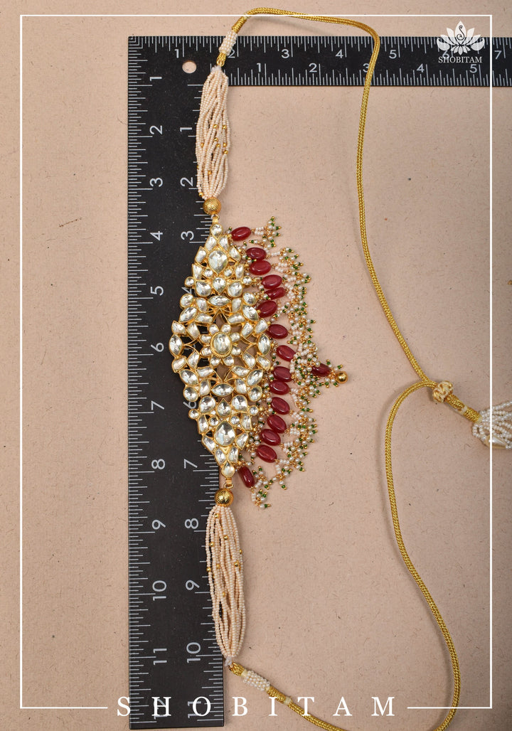 Ahmedabadi kundan multistrand necklace set with Red dangling bead