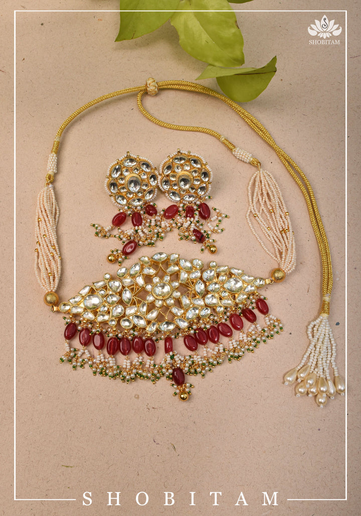 Ahmedabadi kundan multistrand necklace set with Red dangling bead