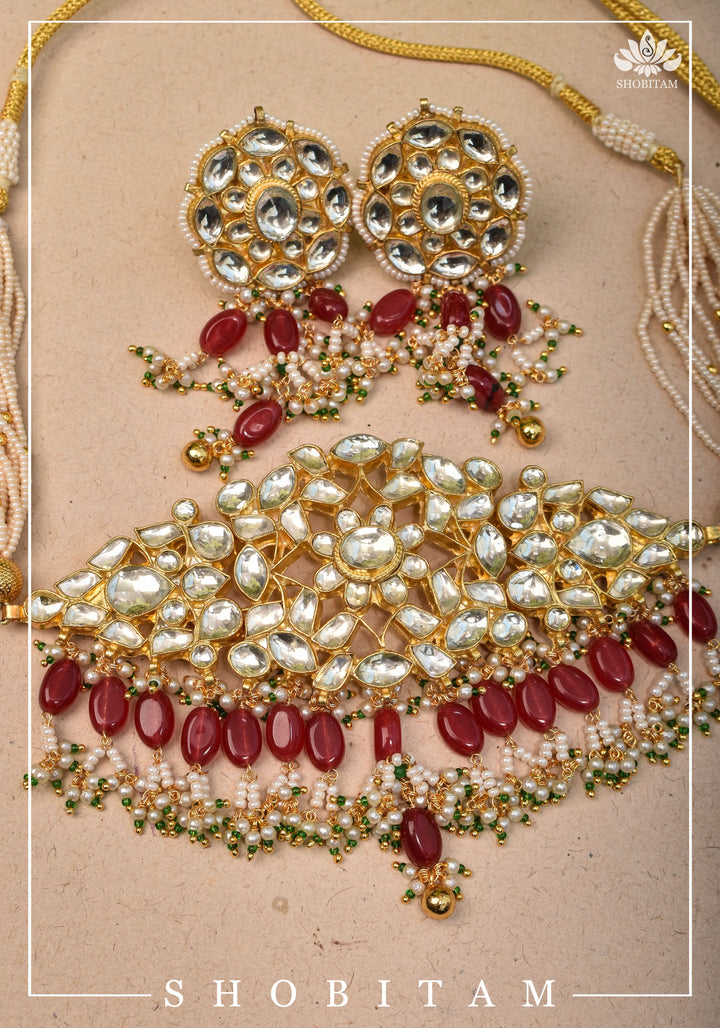 Ahmedabadi kundan multistrand necklace set with Red dangling bead