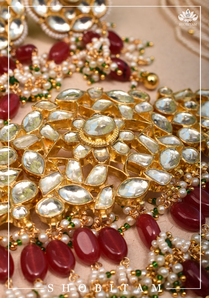 Ahmedabadi kundan multistrand necklace set with Red dangling bead