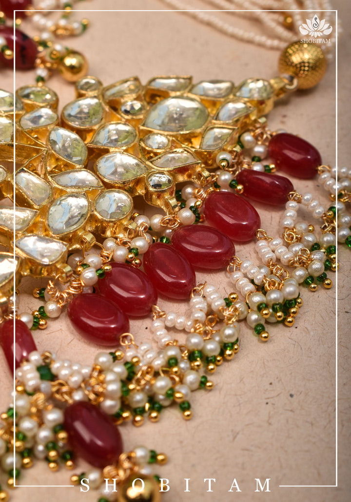 Ahmedabadi kundan multistrand necklace set with Red dangling bead