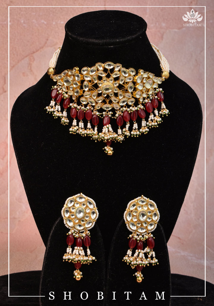 Ahmedabadi kundan multistrand necklace set with Red dangling bead