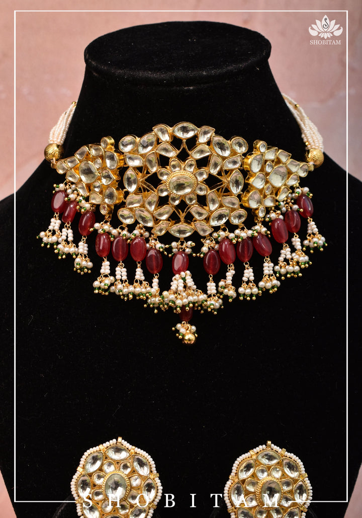Ahmedabadi kundan multistrand necklace set with Red dangling bead