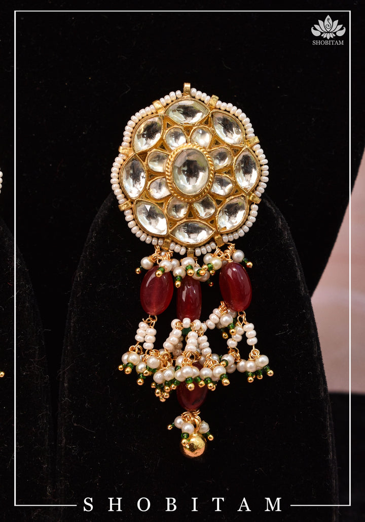 Ahmedabadi kundan multistrand necklace set with Red dangling bead
