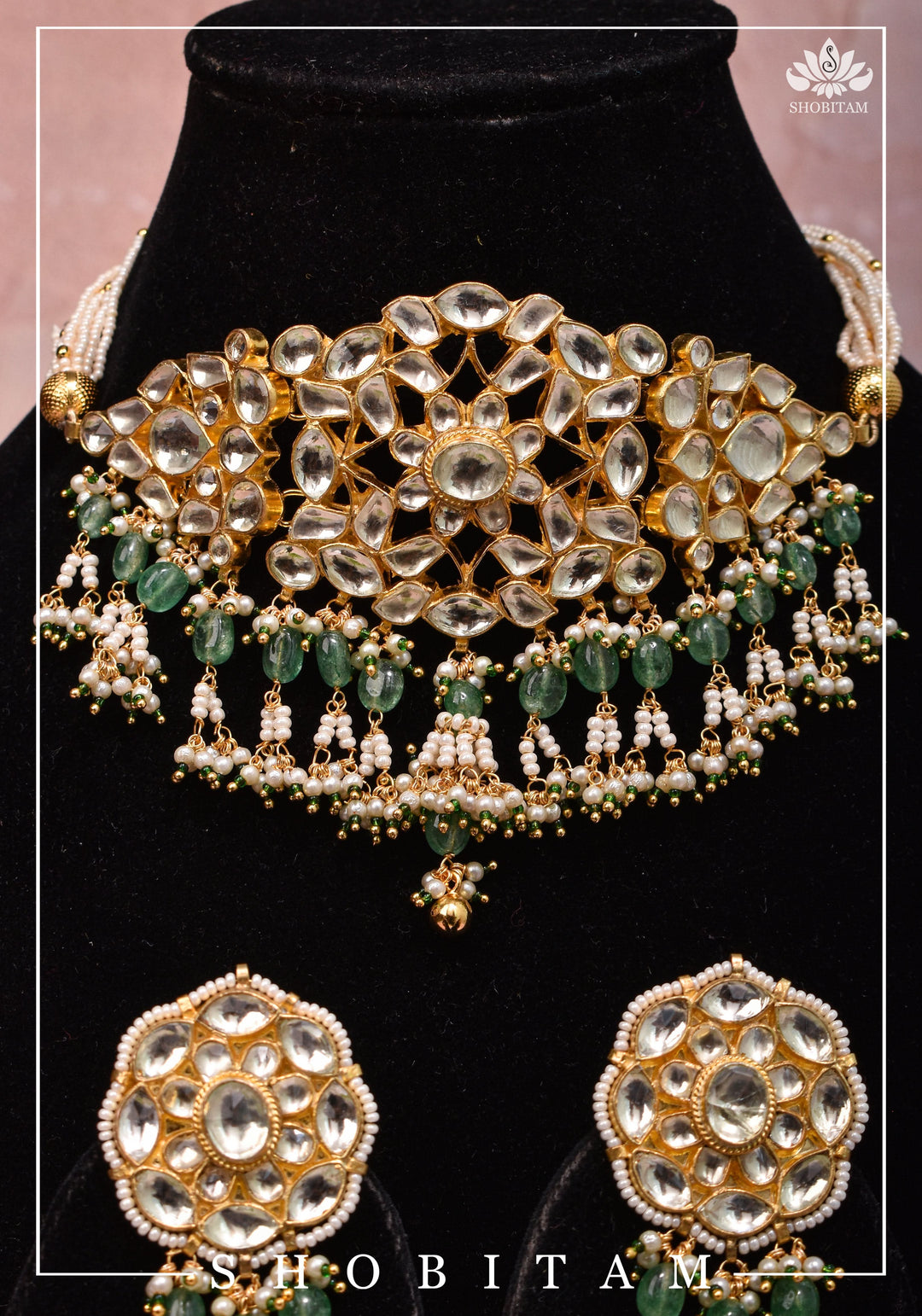 Ahmedabadi kundan multistrand necklace set with dangling pearl clusters
