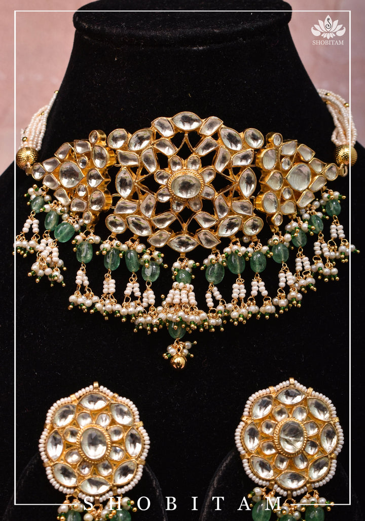 Ahmedabadi kundan multistrand necklace set with dangling pearl clusters