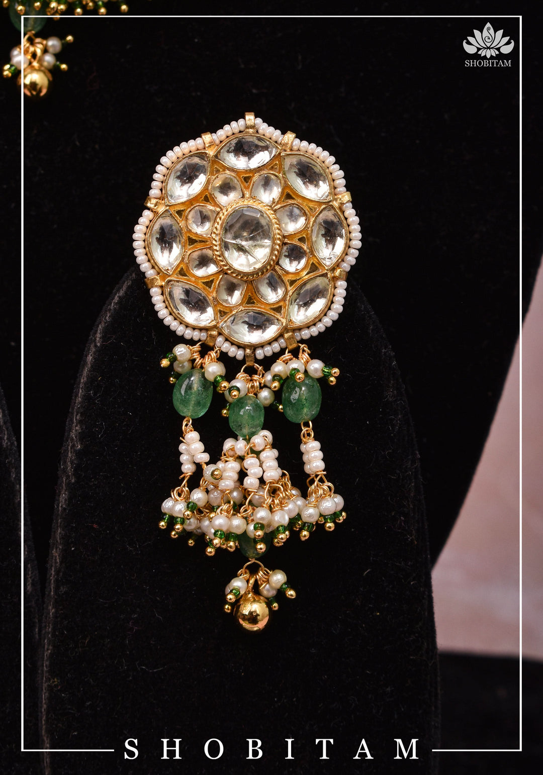 Ahmedabadi kundan multistrand necklace set with dangling pearl clusters