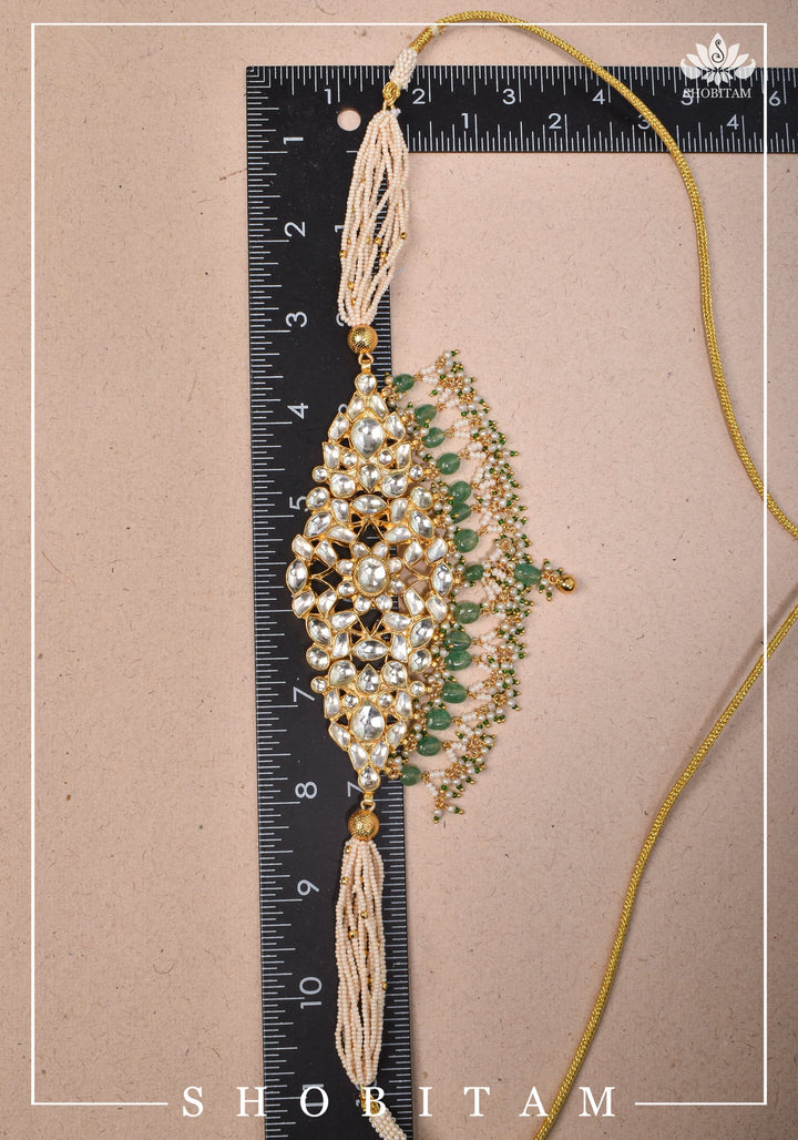 Ahmedabadi kundan multistrand necklace set with dangling pearl clusters
