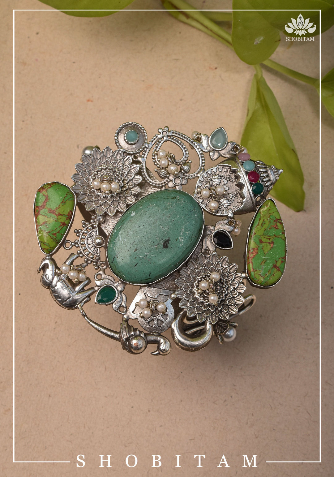 Oxidized Silver Finish Kada with Laquar And Chunky stones