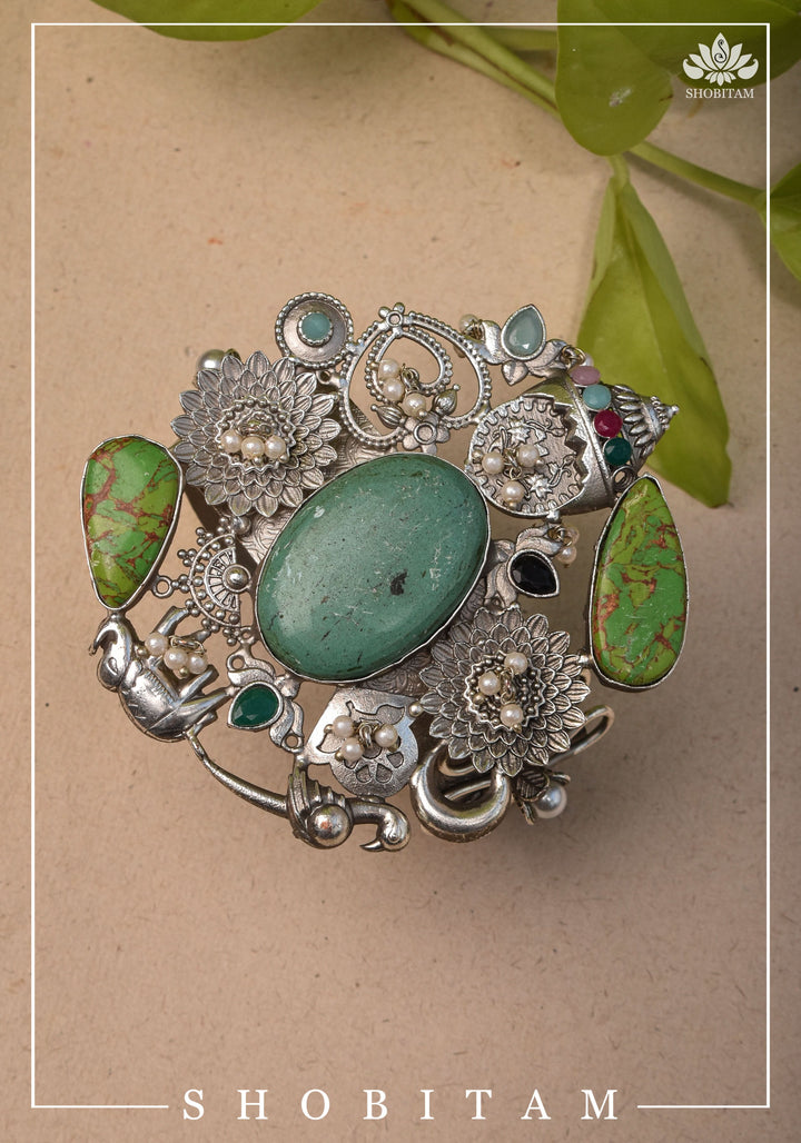 Oxidized Silver Finish Kada with Laquar And Chunky stones
