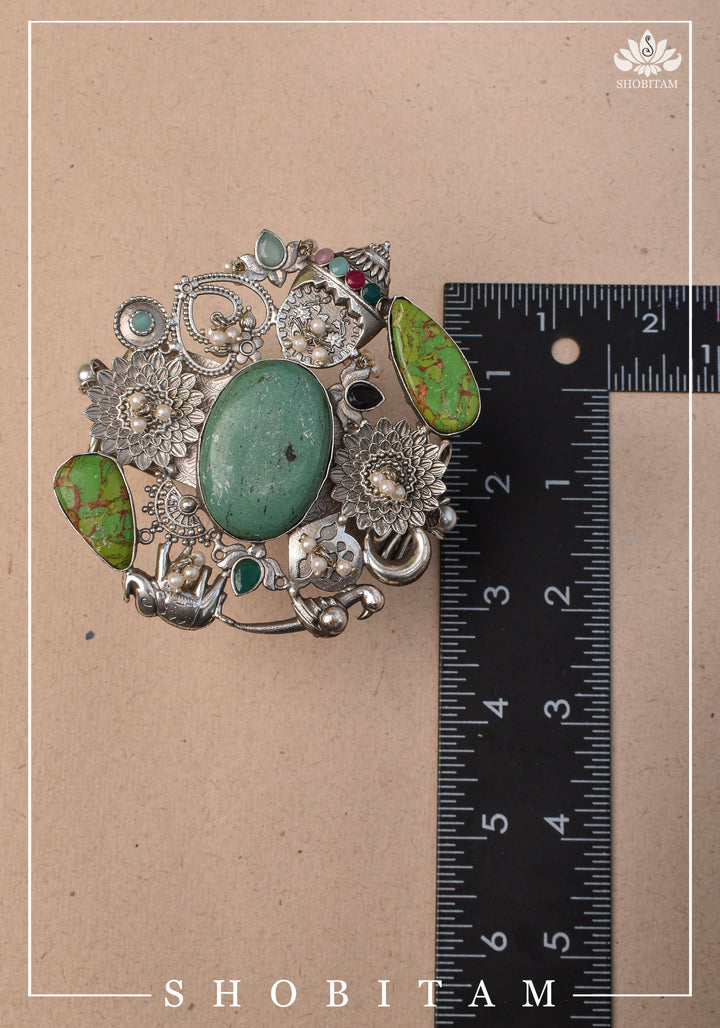 Oxidized Silver Finish Kada with Laquar And Chunky stones