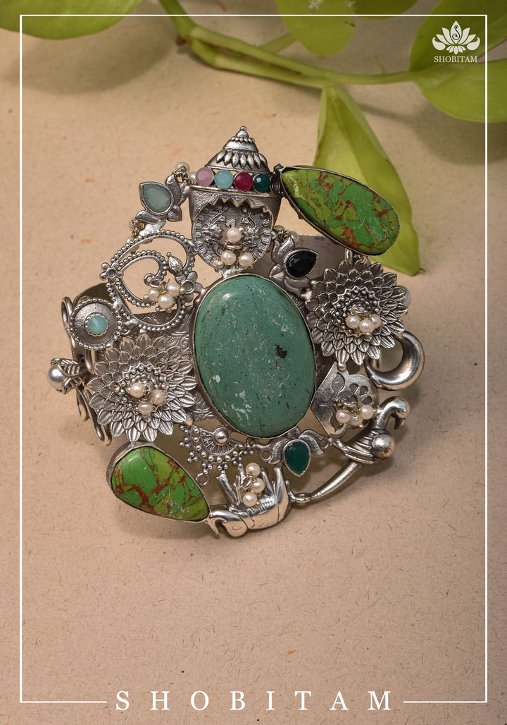 Oxidized Silver Finish Kada with Laquar And Chunky stones