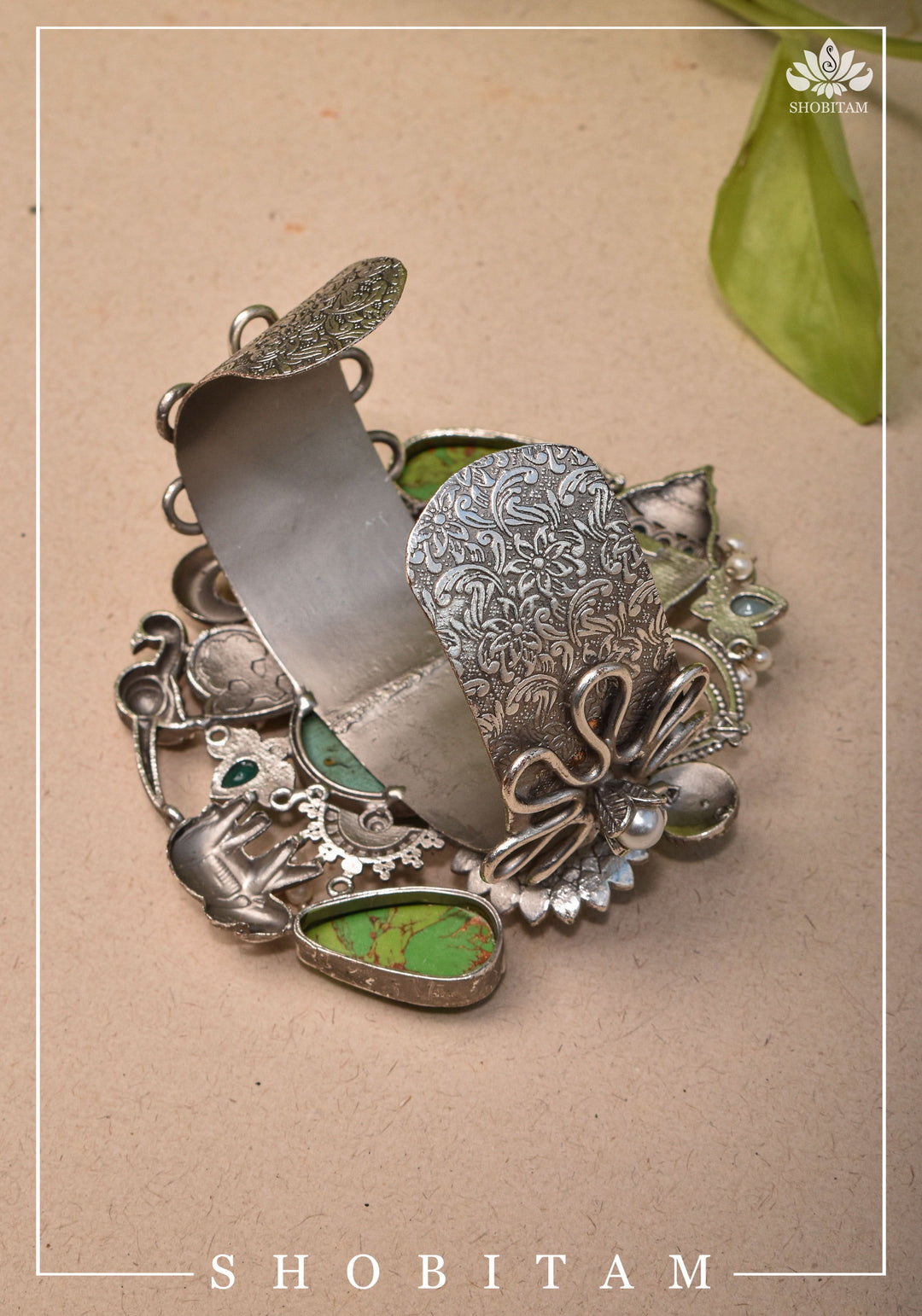 Oxidized Silver Finish Kada with Laquar And Chunky stones