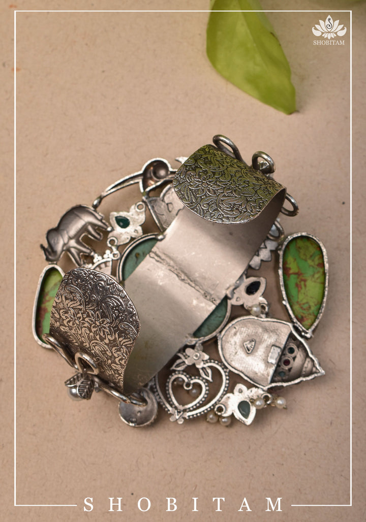 Oxidized Silver Finish Kada with Laquar And Chunky stones