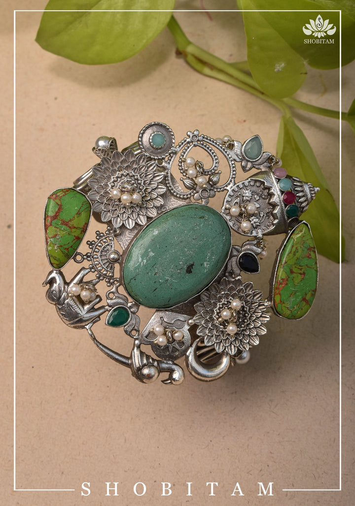 Oxidized Silver Finish Kada with Laquar And Chunky stones