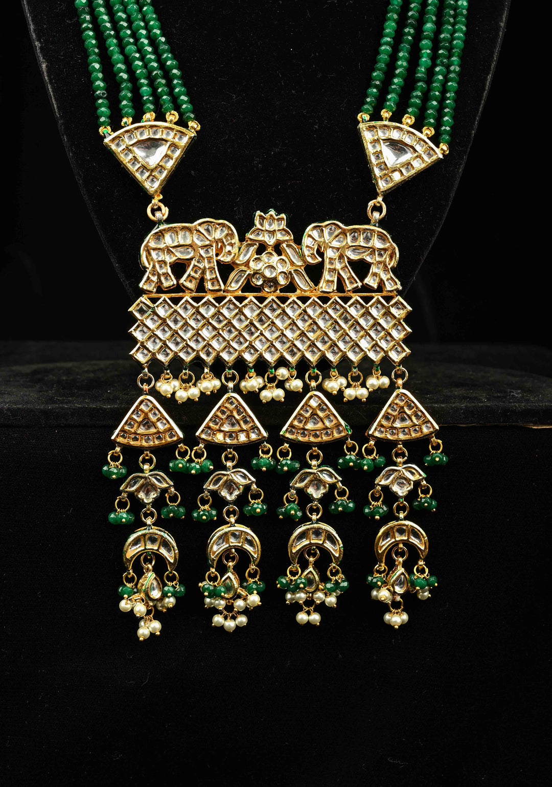 Green Multistrand Necklace Set with Elephant Designer Kundan Statement Pendant