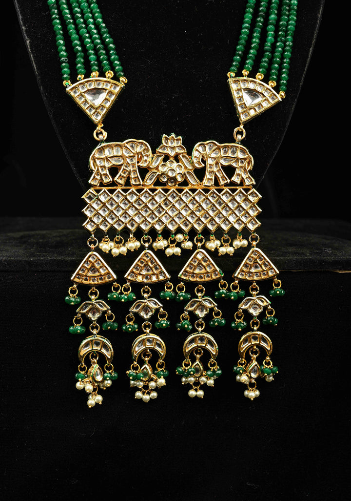 Green Multistrand Necklace Set with Elephant Designer Kundan Statement Pendant