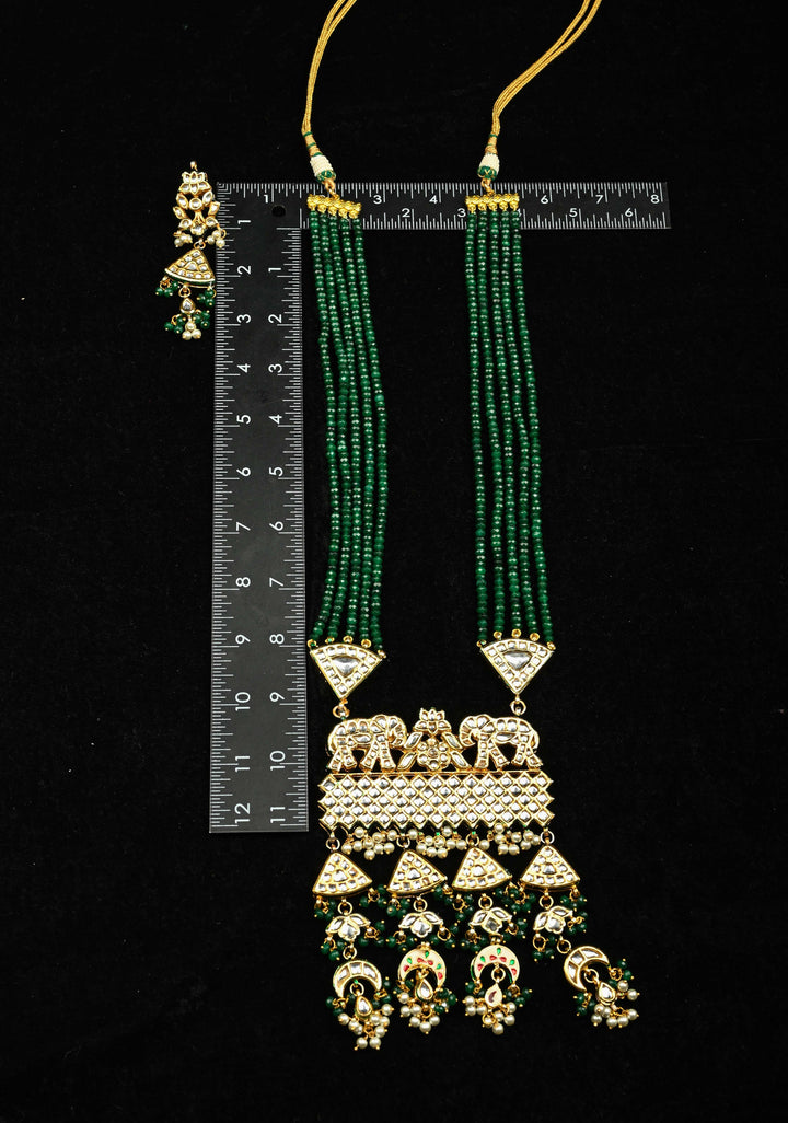 Green Multistrand Necklace Set with Elephant Designer Kundan Statement Pendant