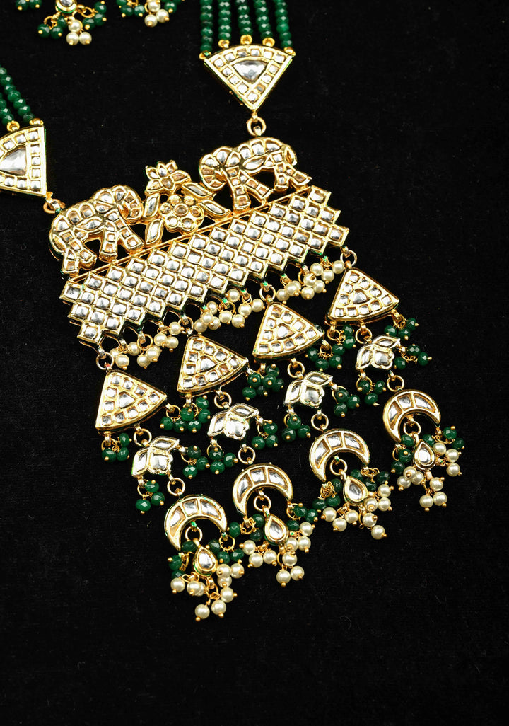 Green Multistrand Necklace Set with Elephant Designer Kundan Statement Pendant