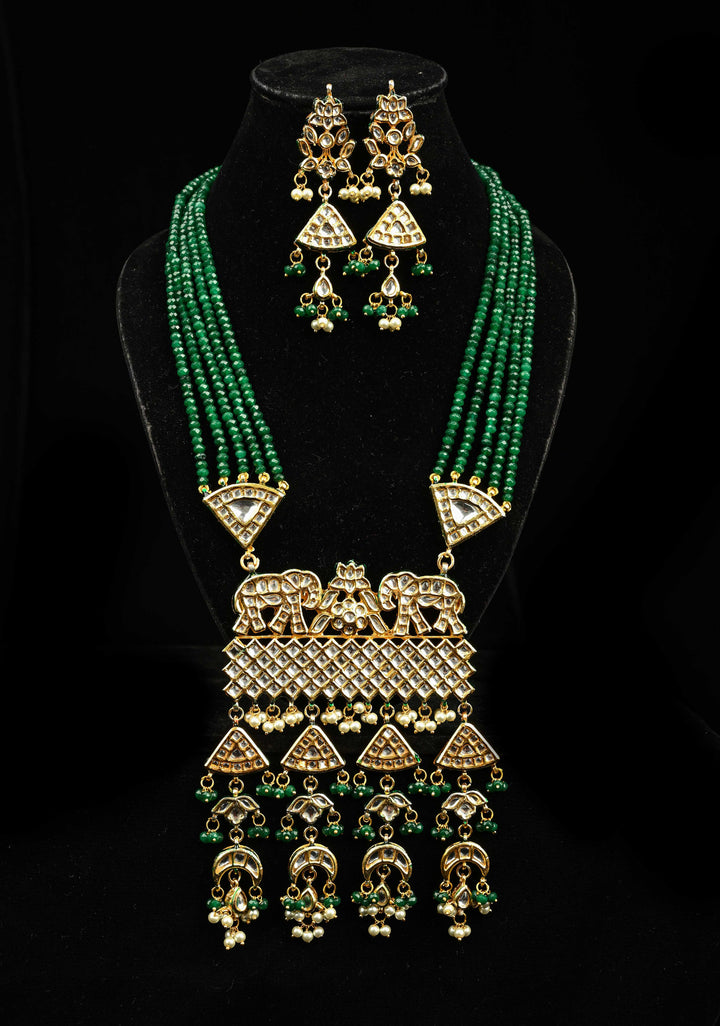 Green Multistrand Necklace Set with Elephant Designer Kundan Statement Pendant
