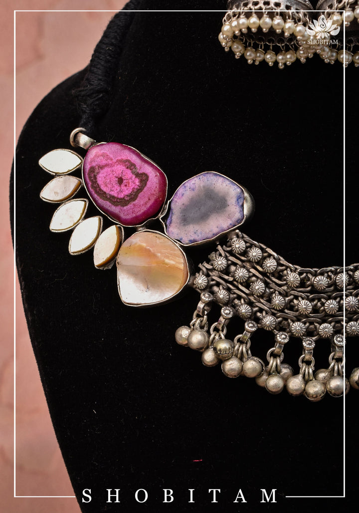 Asymmetric Agate Stone Encrusted Oxidized Necklace set with Black thread dori