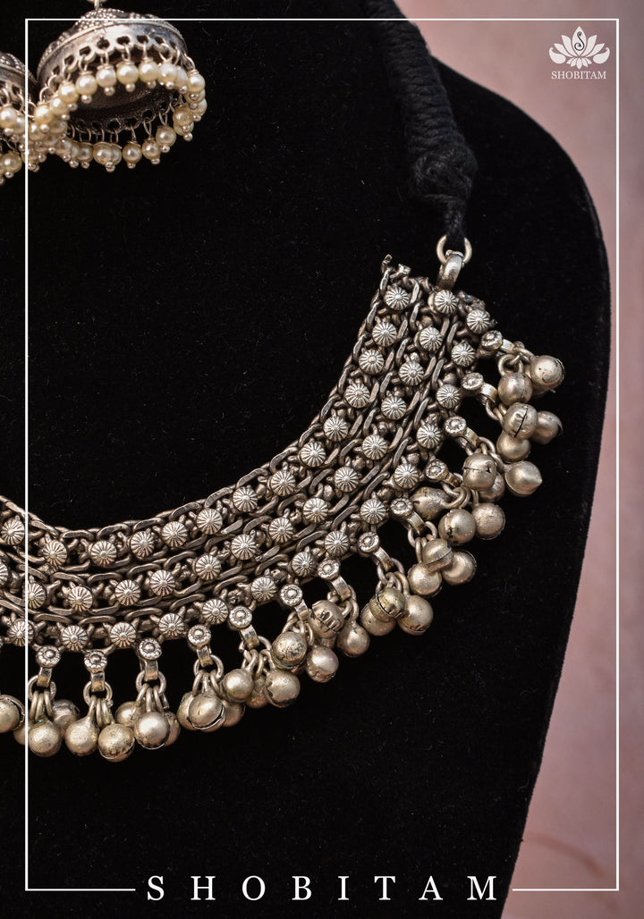 Asymmetric Agate Stone Encrusted Oxidized Necklace set with Black thread dori