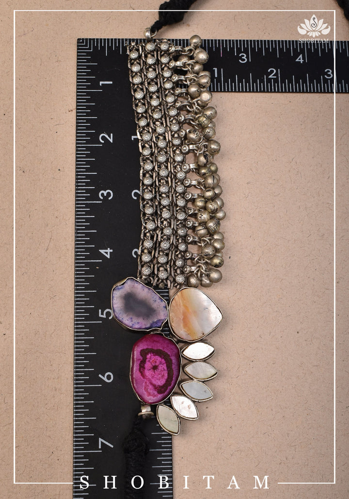Asymmetric Agate Stone Encrusted Oxidized Necklace set with Black thread dori