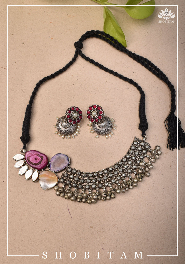 Asymmetric Agate Stone Encrusted Oxidized Necklace set with Black thread dori