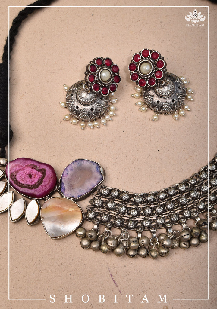 Asymmetric Agate Stone Encrusted Oxidized Necklace set with Black thread dori