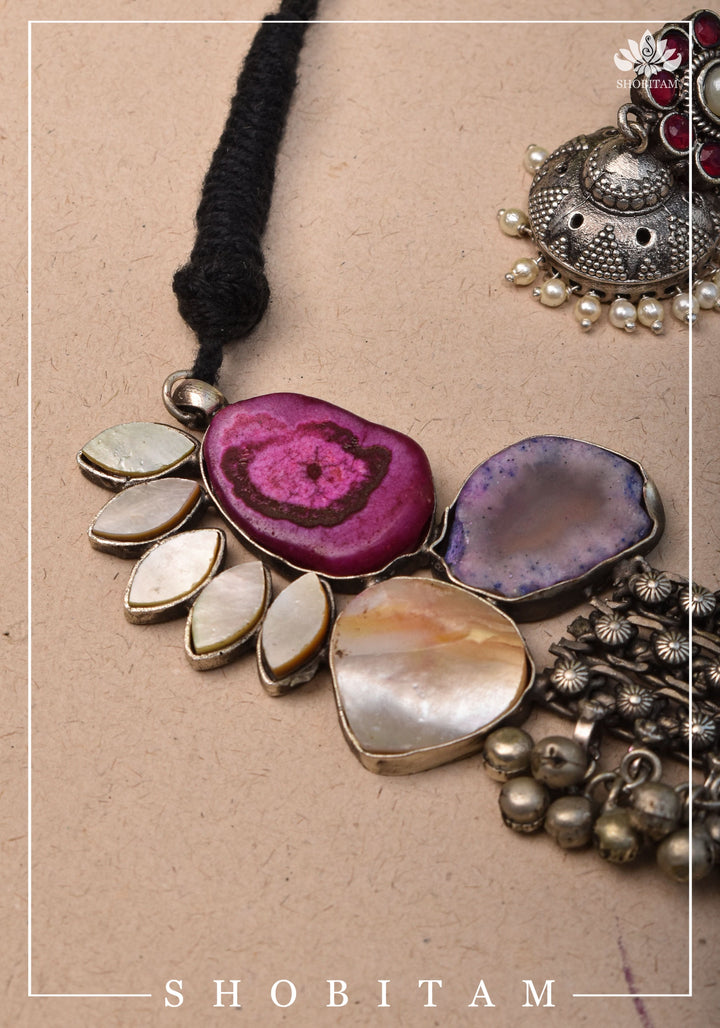 Asymmetric Agate Stone Encrusted Oxidized Necklace set with Black thread dori