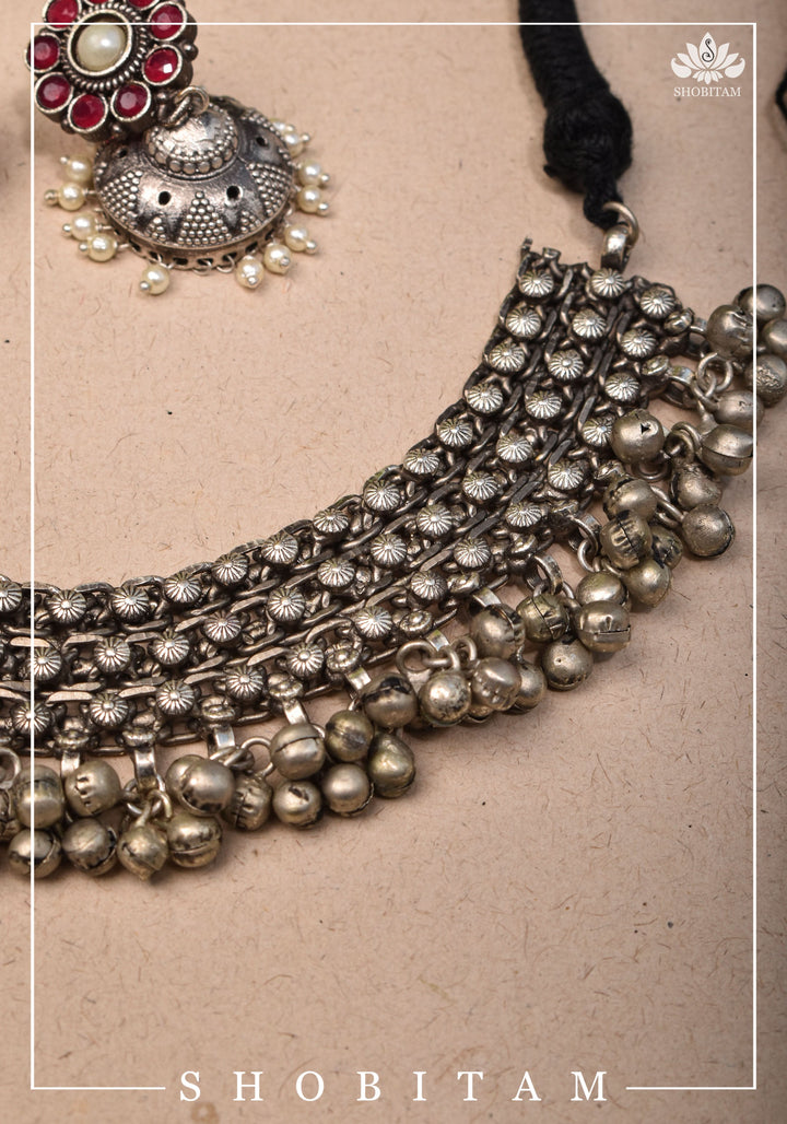 Asymmetric Agate Stone Encrusted Oxidized Necklace set with Black thread dori
