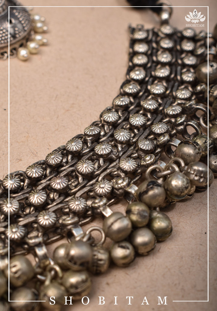 Asymmetric Agate Stone Encrusted Oxidized Necklace set with Black thread dori