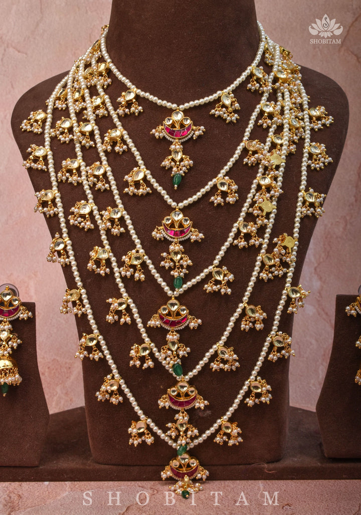 Ahmedabadi jadau 5 Tier Necklace with Kundan Charms,