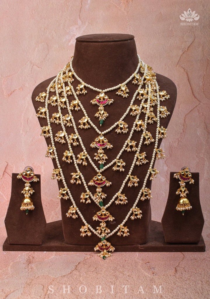 Ahmedabadi jadau 5 Tier Necklace with Kundan Charms,
