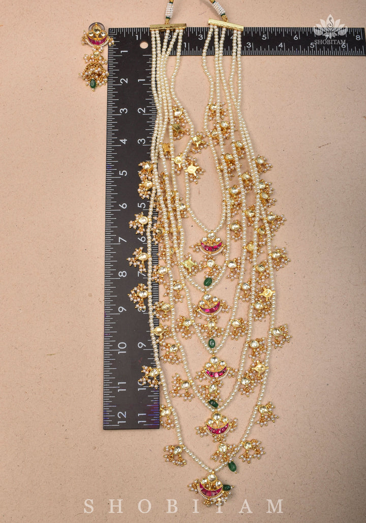 Ahmedabadi jadau 5 Tier Necklace with Kundan Charms,