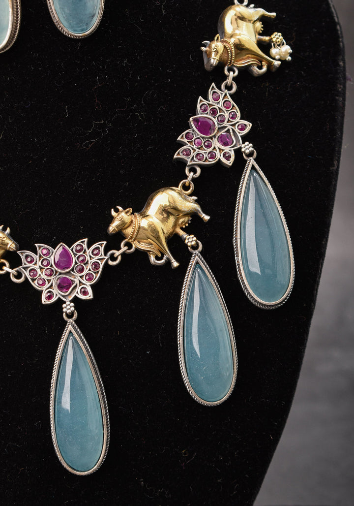 Fusion Dual Tone Jewelry with Pichwai Cow Units and Pink Stones| Shobitam Jewelry