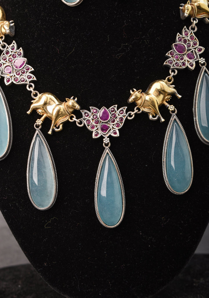 Fusion Dual Tone Jewelry with Pichwai Cow Units and Pink Stones| Shobitam Jewelry
