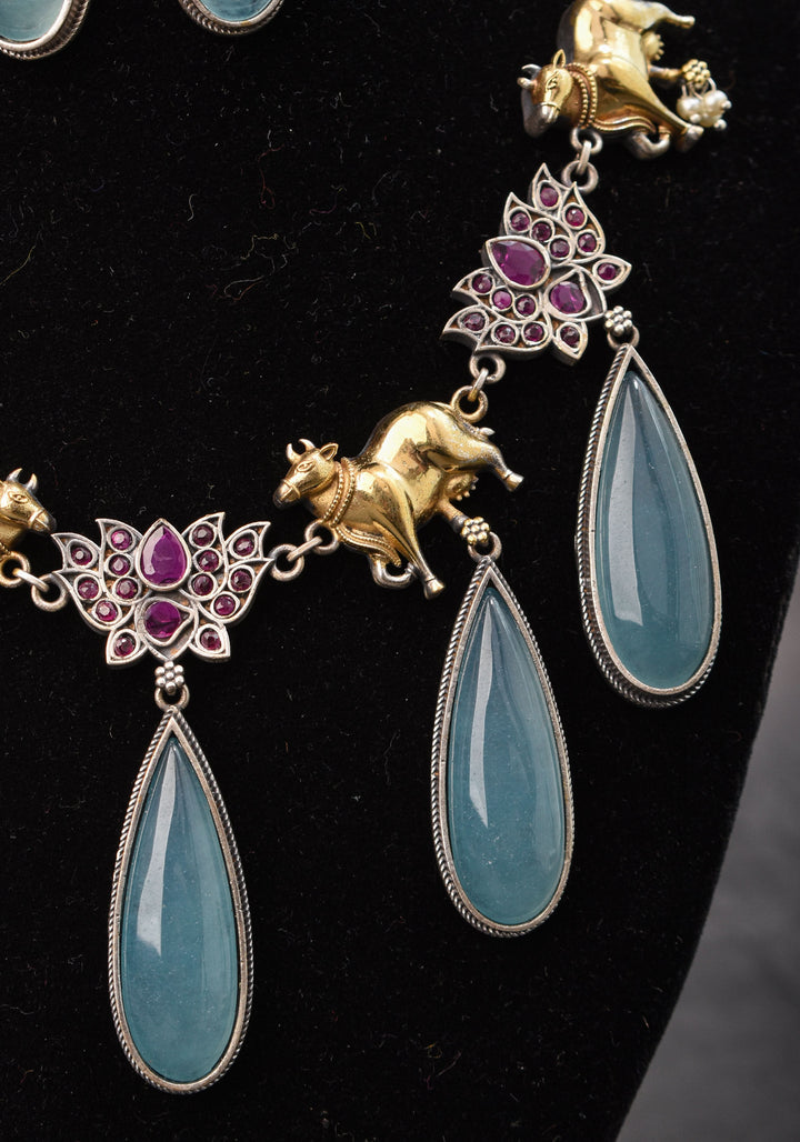 Fusion Dual Tone Jewelry with Pichwai Cow Units and Pink Stones| Shobitam Jewelry