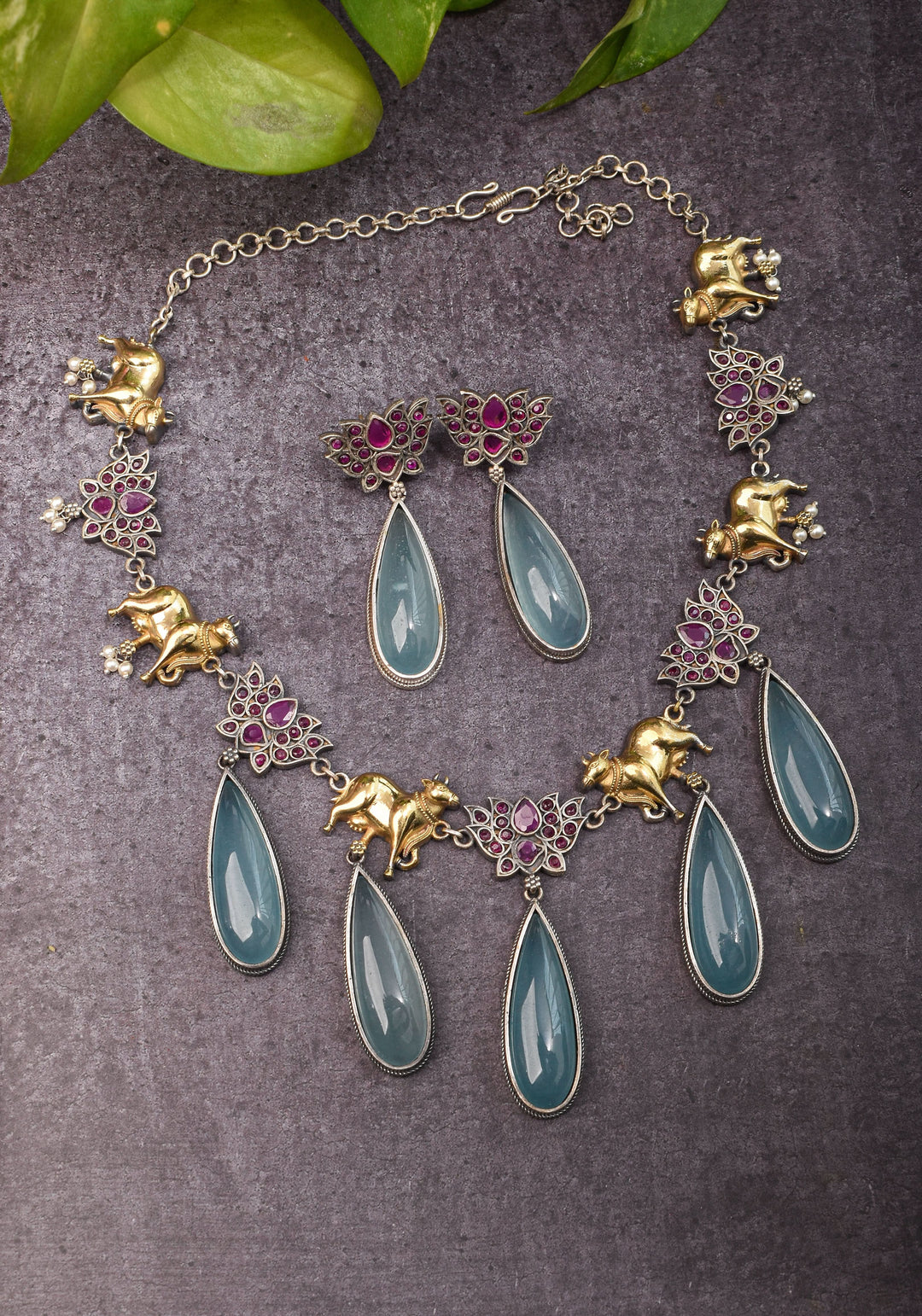 Fusion Dual Tone Jewelry with Pichwai Cow Units and Pink Stones| Shobitam Jewelry