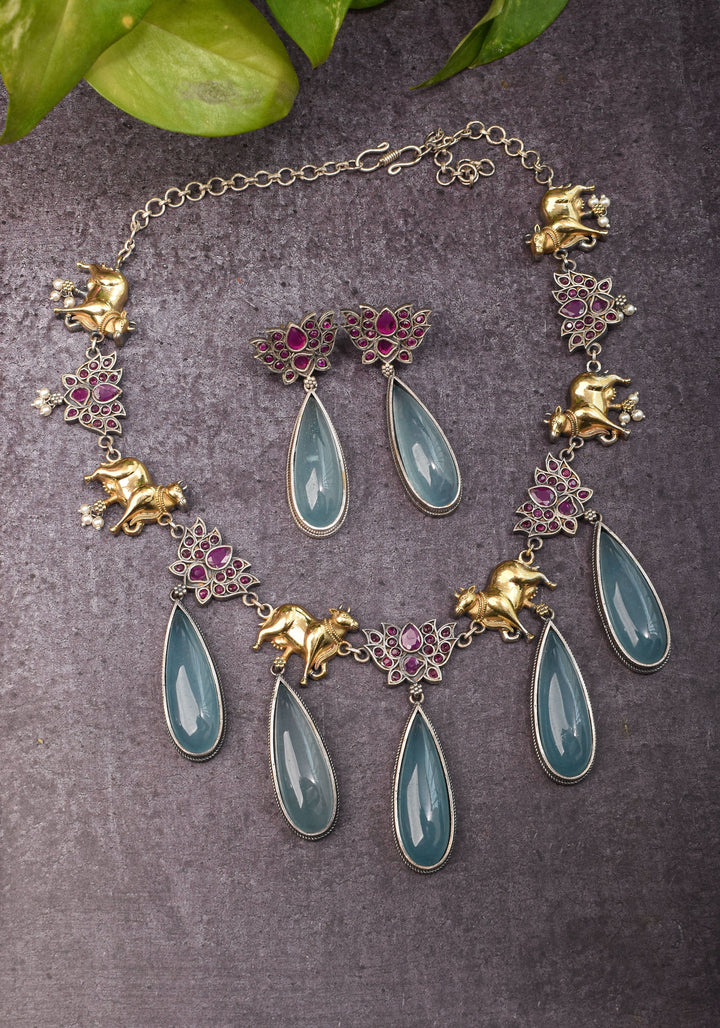 Fusion Dual Tone Jewelry with Pichwai Cow Units and Pink Stones| Shobitam Jewelry
