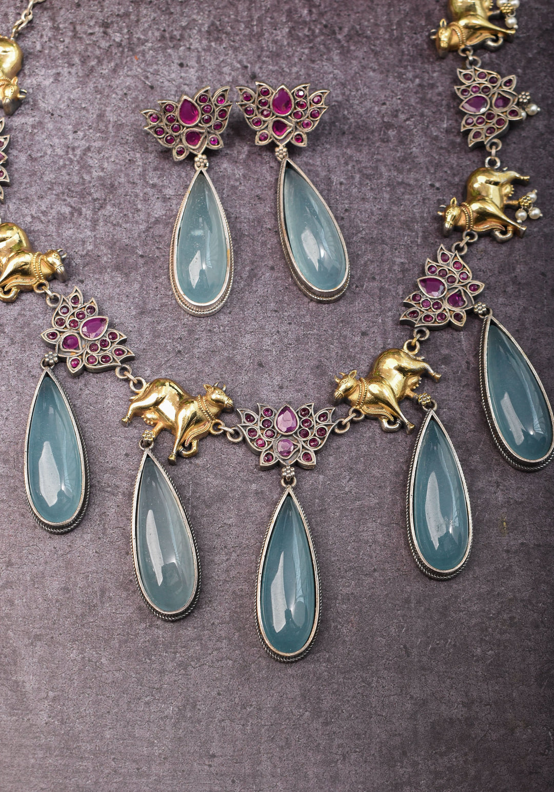 Fusion Dual Tone Jewelry with Pichwai Cow Units and Pink Stones| Shobitam Jewelry