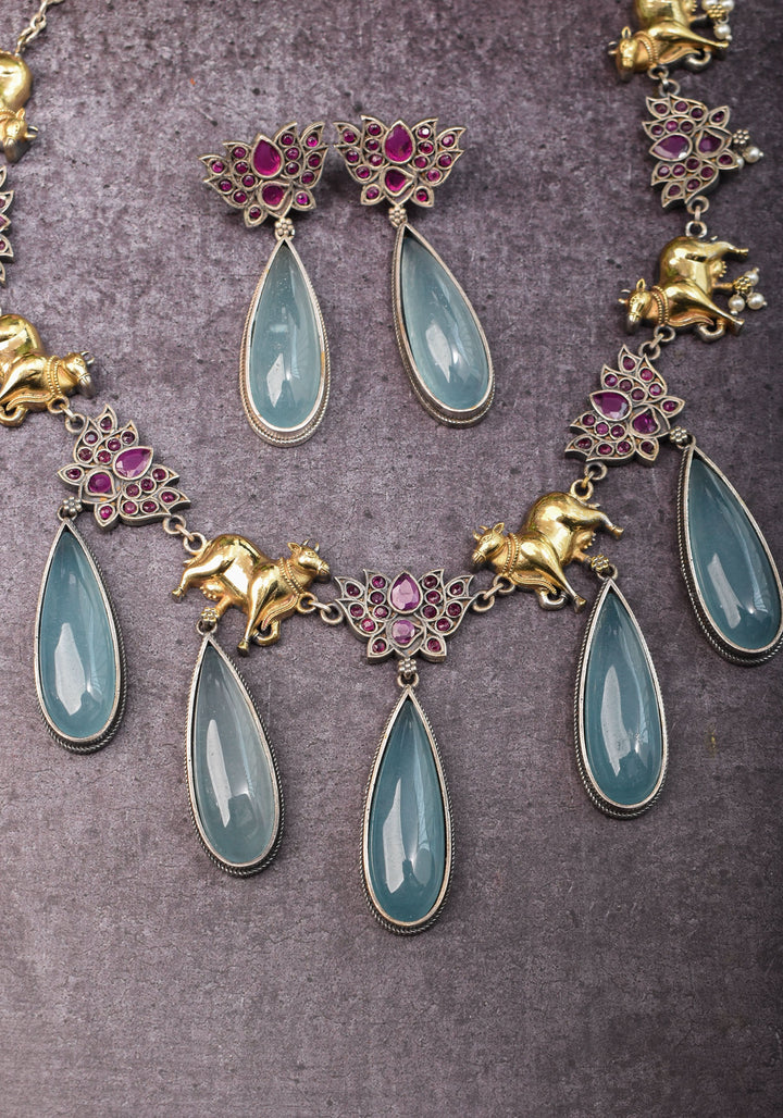 Fusion Dual Tone Jewelry with Pichwai Cow Units and Pink Stones| Shobitam Jewelry