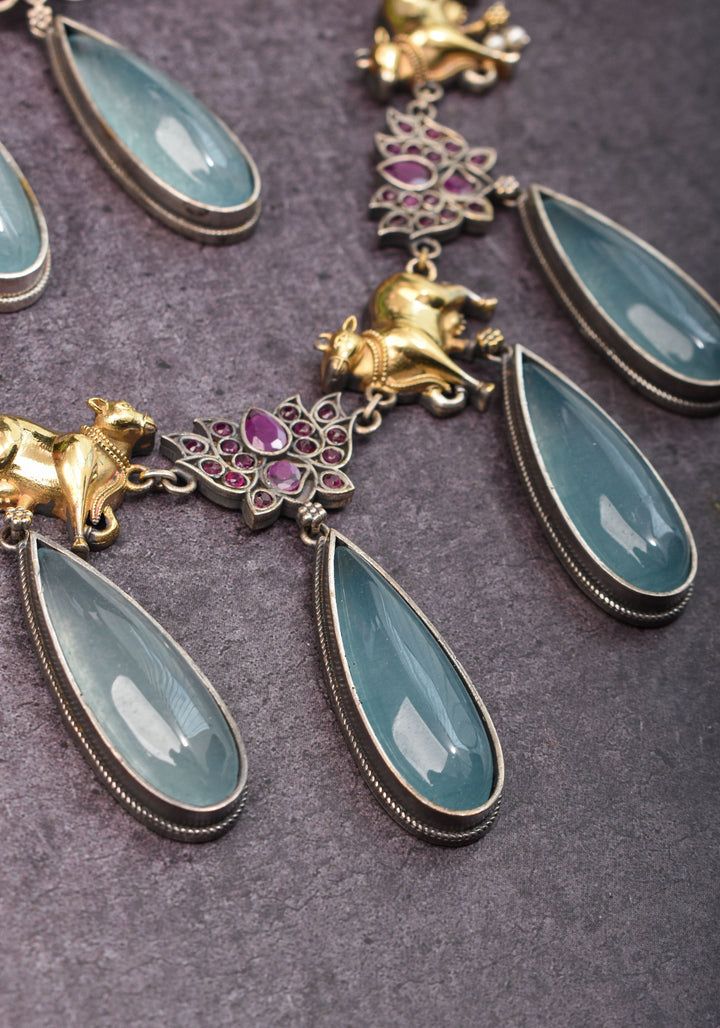 Fusion Dual Tone Jewelry with Pichwai Cow Units and Pink Stones| Shobitam Jewelry