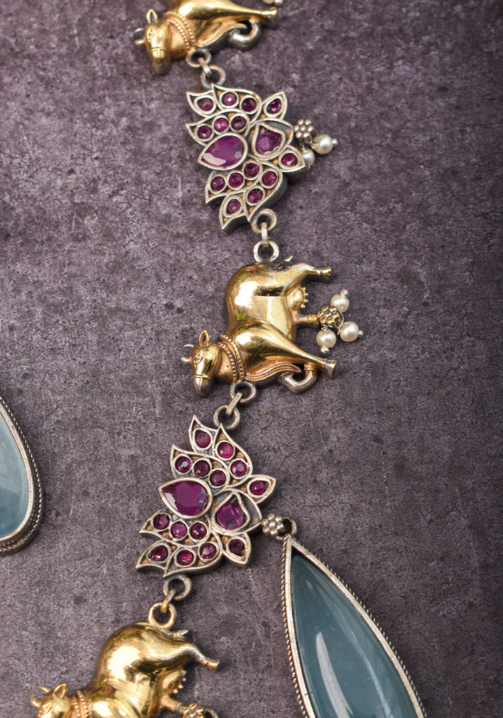 Fusion Dual Tone Jewelry with Pichwai Cow Units and Pink Stones| Shobitam Jewelry