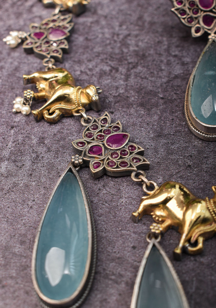Fusion Dual Tone Jewelry with Pichwai Cow Units and Pink Stones| Shobitam Jewelry
