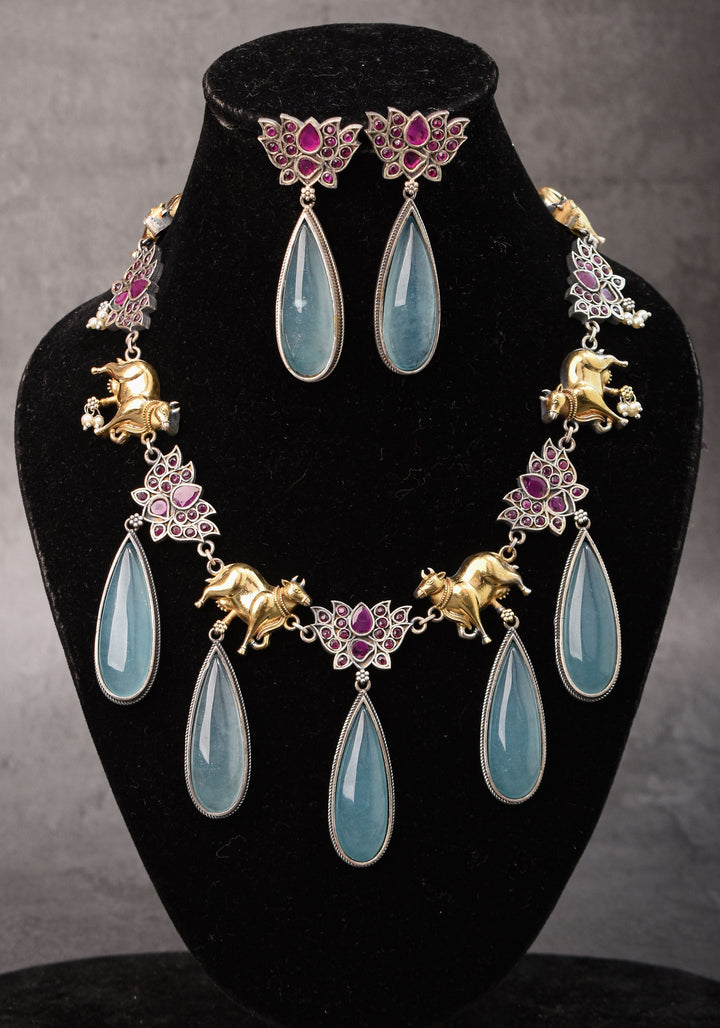 Fusion Dual Tone Jewelry with Pichwai Cow Units and Pink Stones| Shobitam Jewelry
