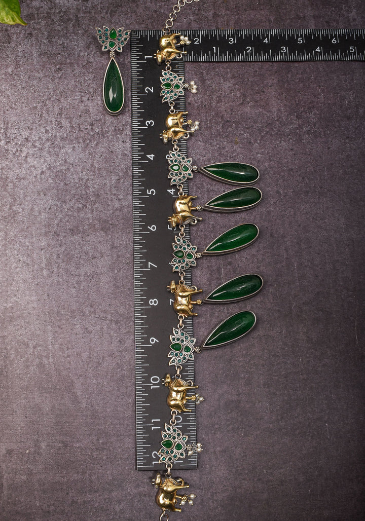 Fusion Dual Tone Jewelry with Pichwai Cow units and Green stones | Shobitam Jewelry
