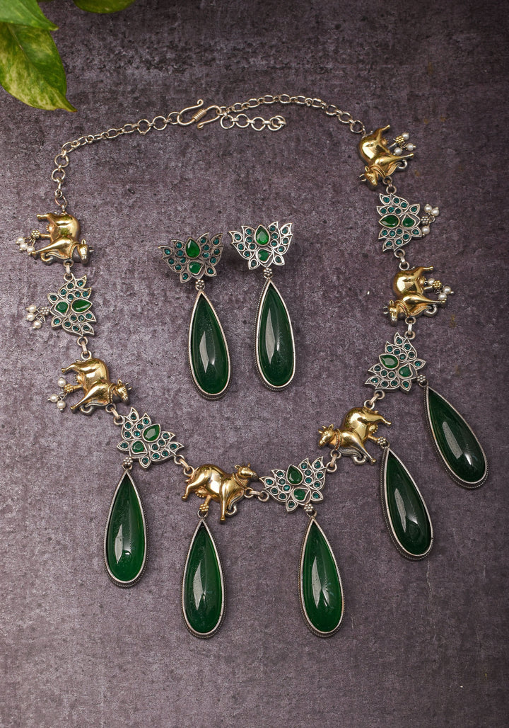 Fusion Dual Tone Jewelry with Pichwai Cow units and Green stones | Shobitam Jewelry